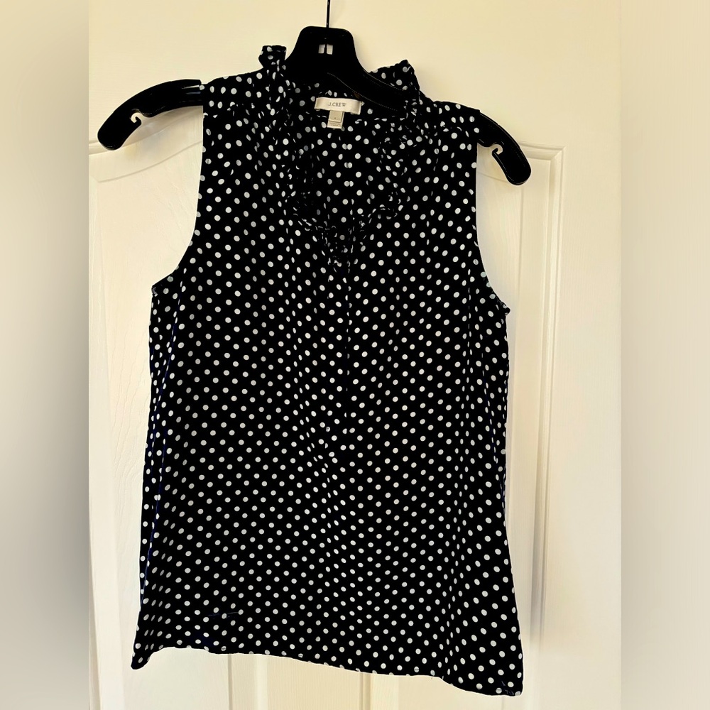 J. Crew Sleeveless button-front ruffleneck popover in navy polka dot